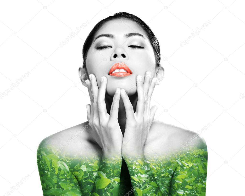Double exposure of asian woman and nature