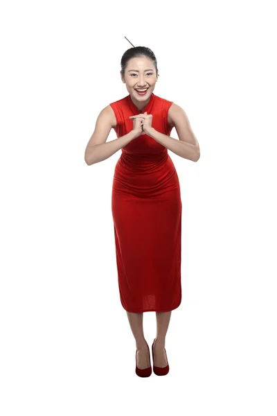 Chinese girl with welcoming gesture — Stock Photo, Image