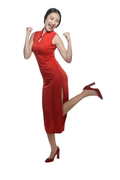 Chinese happy woman in cheongsam dress — Stock Photo, Image