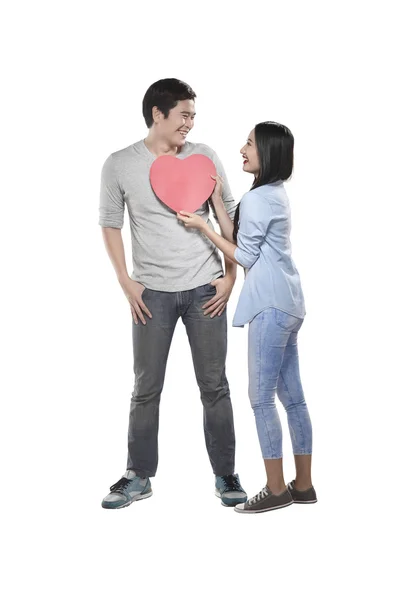 Asian couple with red paper heart — Stock Photo, Image
