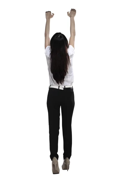 Asian businesswoman hanging on something — Stock Photo, Image