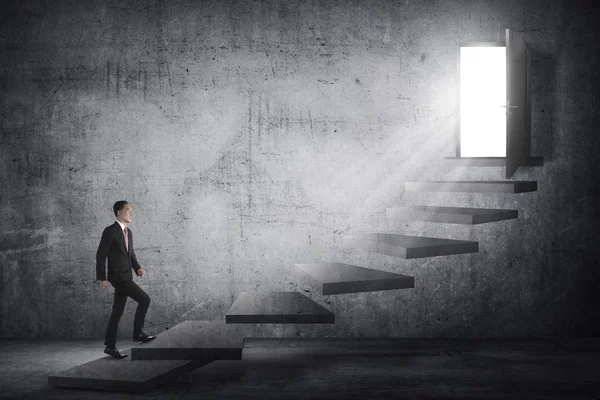 Asian businessman going up to the door using stair — Stock Photo, Image