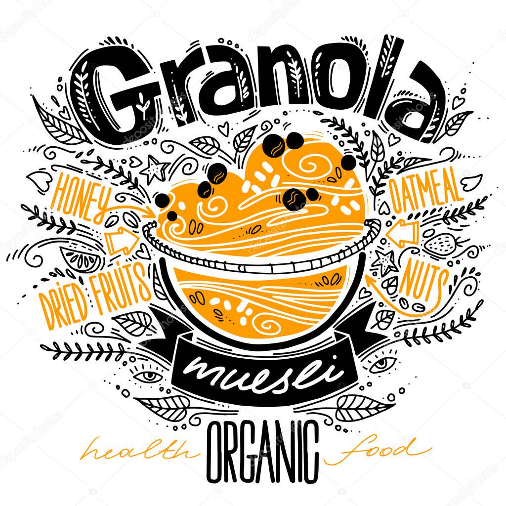 granola in doodle style with lettering on white. vector illustration with breakfast organic food muesli. healthy food concept. oatmeal porridge recipe
