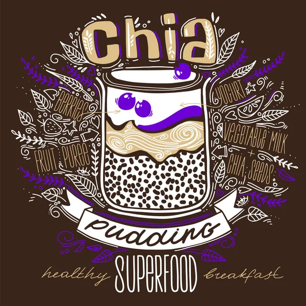 Chia Pudding in einem Glas im Doodle-Stil mit Schriftzug auf braunem Hintergrund. gesunde Ernährung Konzept Lebensstil. Frühstück Superfood. Chiasamen, Rezept. — Stockvektor