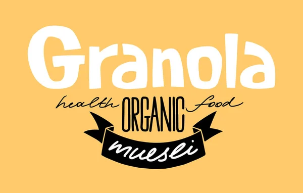 Granola logo template met handgeschreven kalligrafie belettering compositie en lint in handgemaakte stijl. Muesli, concept van biologische gezondheidsvoeding. — Stockvector