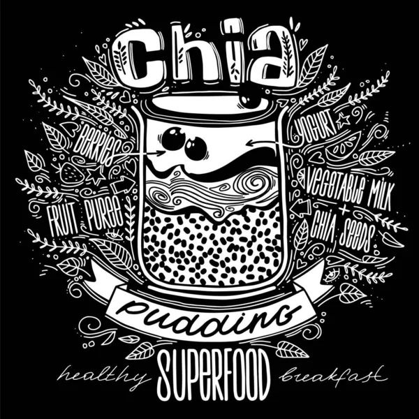 Chia Pudding im Glas im Doodle-Stil mit Schriftzug. Chiasamen Smoothie Rezept. Hipster-Dessert. Frühstück Superfood. gesundes Ernährungskonzept. — Stockvektor