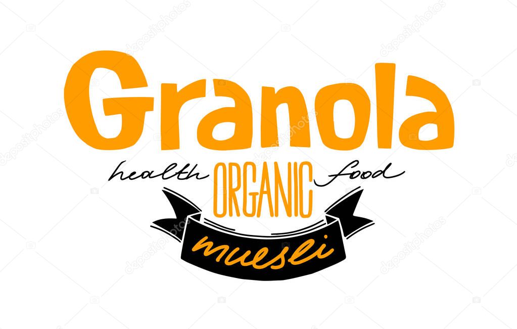Granola logo template with handwritten calligraphy lettering composition and ribbon in hand made style. Muesli, organic health food concept. vector illustration on white background.