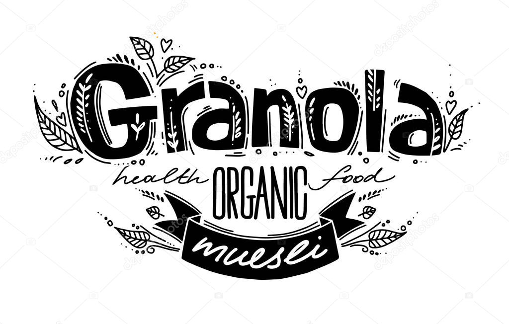 Granola logo template with handwritten calligraphy lettering composition and ribbon in doodle style. Muesli, organic health food concept. Black and white hand made vector illustration for package.