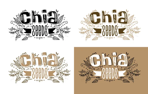 Chia σπόρους superfood λογότυπο επιλογές πρότυπο με χειρόγραφη καλλιγραφία γράμματα σύνθεση και κορδέλα σε στυλ doodle. Υγιεινή τροφή. διάνυσμα. — Διανυσματικό Αρχείο