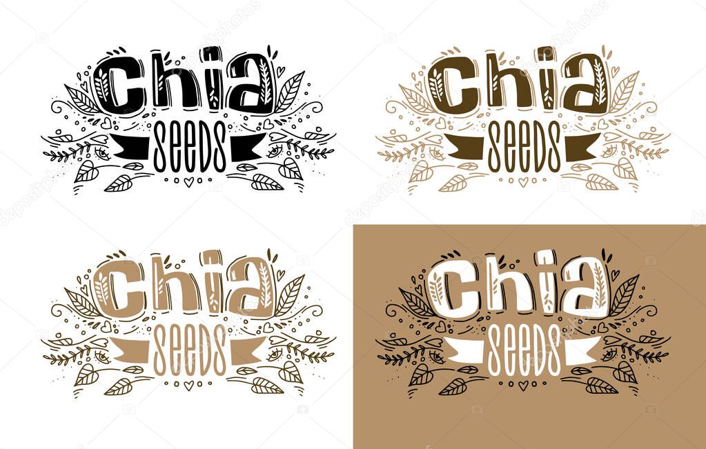 Chia seeds superfood logo template options with handwritten calligraphy lettering composition and ribbon in doodle style. Healthy food. vector.