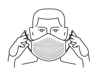 Yüzüne koruyucu maske tak. Çıkartma, poster, girişin önüne tıbbi maske takılmış bir şekilde imza atın. Virüs salgını önleme. Hijyen.