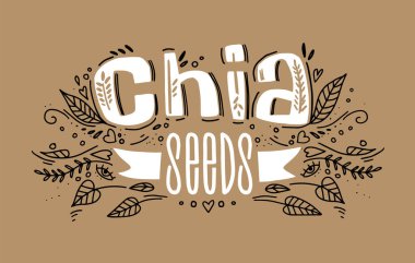 Chia tohumu süper yiyecek logo şablonu, el yazısı yazı kompozisyonu ve karalama stilinde kurdele. Sağlıklı gıdalar için taşıyıcı.