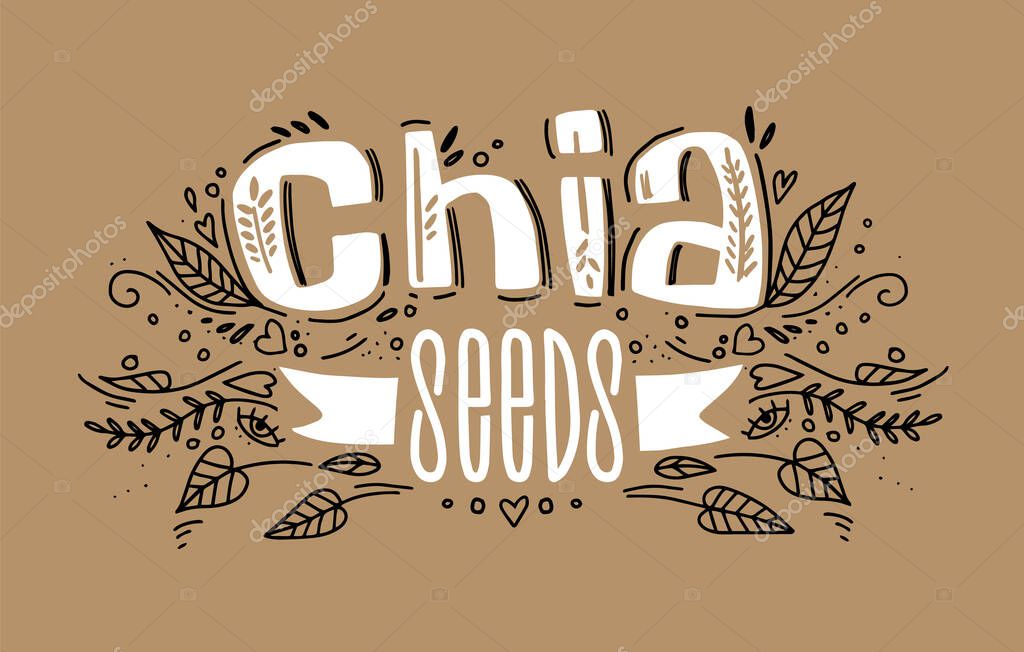 Chia seeds superfood logo template with handwritten calligraphy lettering composition and ribbon in doodle style. handmade vector illustration for package, brand healthy food.