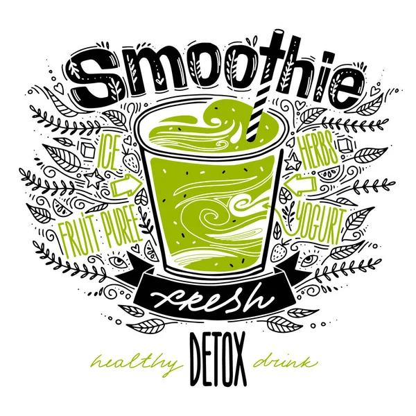 Frisches Smoothie-Rezept. Detox-Smoothie im Glas im Doodle-Stil mit Kalligrafie-Schriftzug. Handgemachte Vektorillustration mit gesundem Cocktail. — Stockvektor