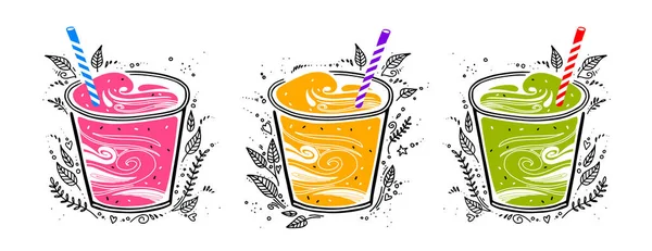 Set, frische Smoothies in verschiedenen Farben. Superfoods und Gesundheit oder Detox-Diät-Food-Konzept im Doodle-Stil. Hipster-Cocktail im Glas mit Strohhalm. — Stockvektor