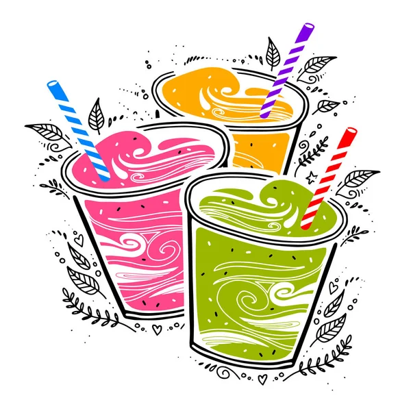 Set, frische Smoothies in verschiedenen Farben. Superfoods und Gesundheit oder Detox-Diät-Food-Konzept im Doodle-Stil. Detox-Cocktail im Glas mit Strohhalm. — Stockvektor