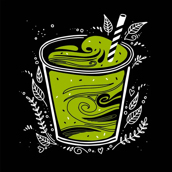 Smoothie frisch. Detox-Smoothie im Glas mit Strohhalm im Doodle-Stil. Vektor, schwarzer Hintergrund. Grüner Hipster-Cocktail. Konzept gesunder Lebensstil. — Stockvektor