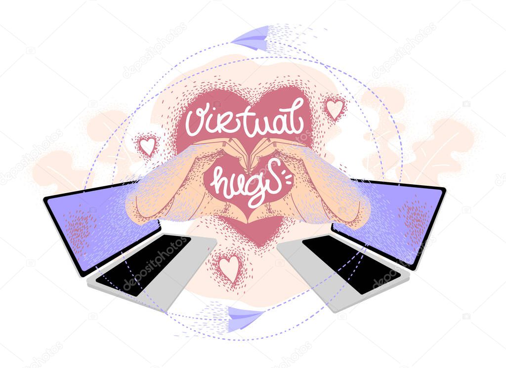 Virtual hugs, vector modern calligraphy with laptops, hands and heart. Hugging phrase, social media connection. Virus-free hugs from social distance.