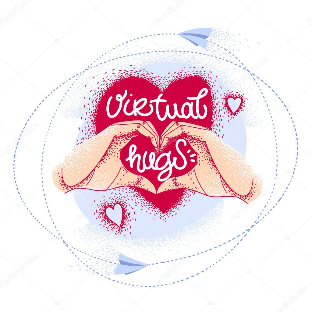 Virtual hugs icon, vector calligraphy with hands and heart. Hands make gesture sending virtual love hugs. Virus-free virtual hugs from social distance