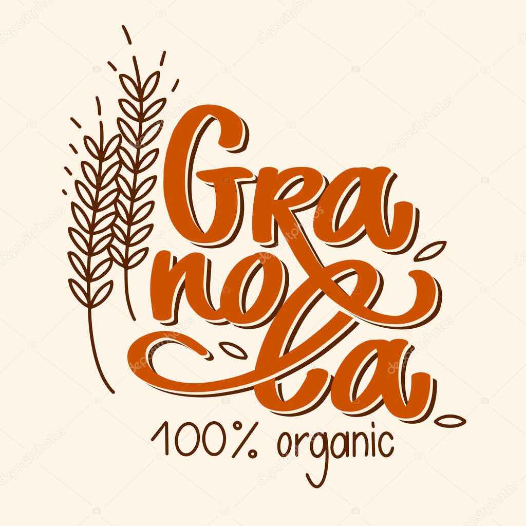 Granola logo vector. Lettering composition, spikelets with grains. Handwritten calligraphy. Healthy snack logotype for package, label. 100 organic.