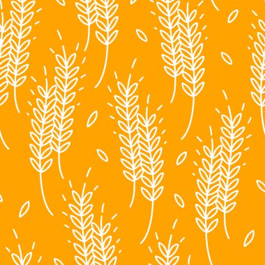 Buğday dikenleri, vektör dikişsiz desen. Çizim tarzında ana hatlar çizilmiş. Sonbahar süsü. Fırın ürünleri, un, hasat temasını tasarla.