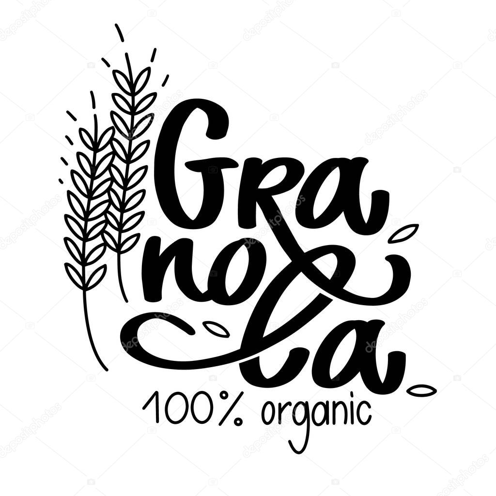 Granola logo vector. Lettering and stylized spikelets with grains. Black calligraphy isolated on white. Healthy food logotype for package, label.