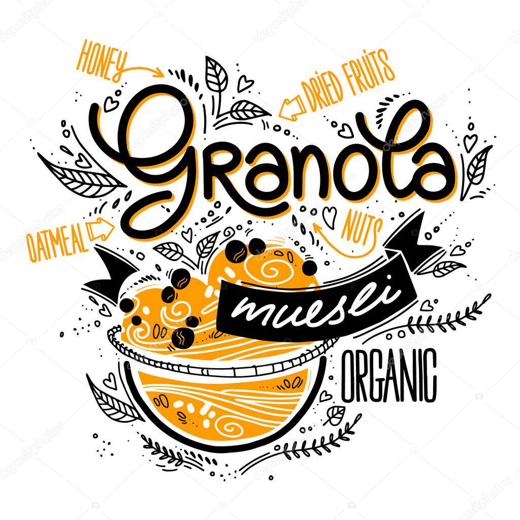 Granola in a bowl in doodle style with lettering on white background, ribbon. vector illustration with breakfast organic food. healthy food concept.