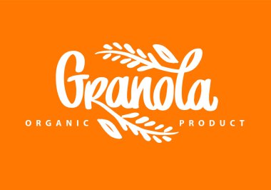 Granola organik logo vektörü. Harf kompozisyonu ve tahıllı dikenler. El yazısı kaligrafi. Paket ve etiket için sağlıklı gıda logosu.