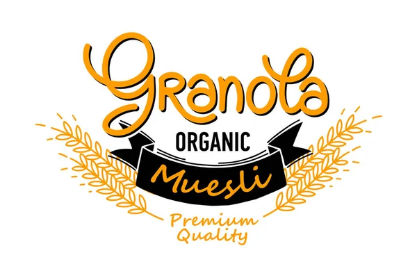 Granola logo vector met handgeschreven kalligrafie belettering compositie, lint en spikeletten in handgemaakte stijl. Muesli, concept van biologische gezondheidsvoeding. — Stockvector