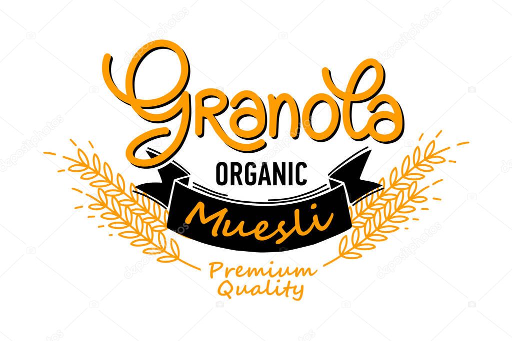 Granola logo vector with handwritten calligraphy lettering composition, ribbon and spikelets in hand made style. Muesli, organic health food concept. illustration on white background.