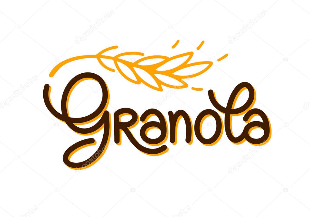 Granola logo vector template. Organic healthy food logotype for package, label. Lettering with stylized spikelet with grains. Handwritten calligraphy.
