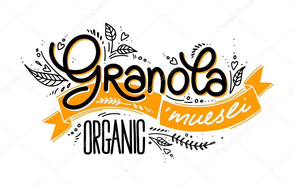 Granola vector logo. Organic muesli. Lettering, ribbon, leaves with decorative elements. illustration, logotype. oatmeal porridge. hipsters lifestyle.
