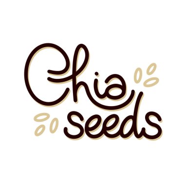 Chia tohumu süper yiyecek logosu şablonu ve el yazısı kaligrafi. Dekoratif bir kompozisyon. Sağlıklı yiyecekler. Paket için vektör, marka.