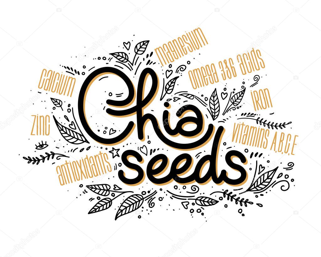 chia seeds logo with beneficial features. vector lettering with leaves and decorative elements in doodle style. breakfast superfood. healthy food.