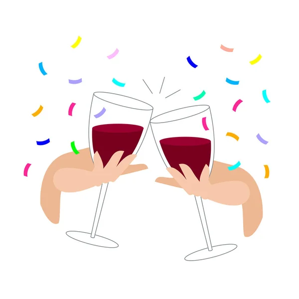 Tintinear vasos con vino tinto y confeti. Fiesta festiva con bebidas alcohólicas. mano sostiene una copa de vino. celebración con gafas de tintineo. Salud.. — Vector de stock