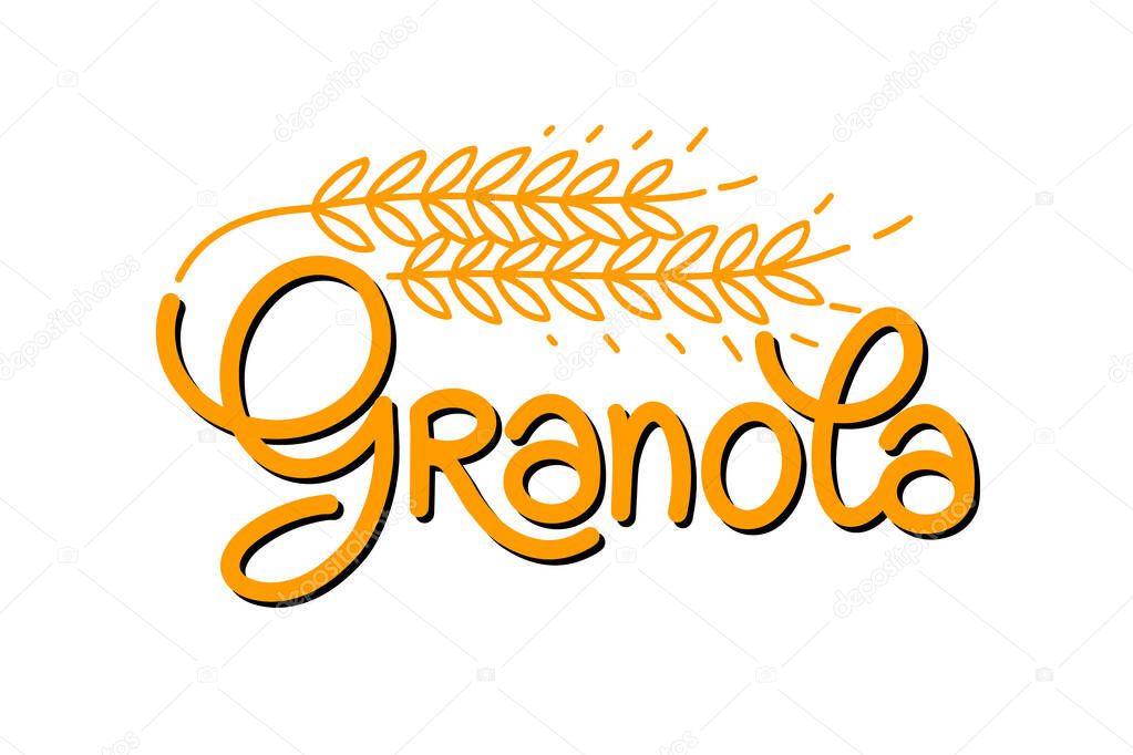Granola logo vector template. Lettering composition and stylized spikelet with grains. Organic healthy food logotype for package, label. Handwritten.