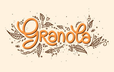Granola vektör logosu. Organik müsli. Mektup, dekoratif unsurlarla birlikte yapraklar. İllüstrasyon sağlıklı konsept logoti. Yulaf ezmesi. El yapımı kaligrafi.