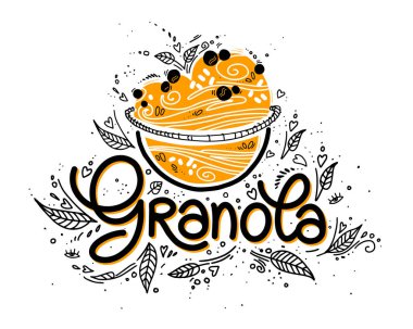 Logo vektörü granola ve yulaf lapası. Kahvaltıda organik müsli ile hoş bir illüstrasyon. Sağlıklı gıda konsepti. hippilerin yaşam tarzı.