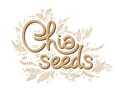 Chia seeds logo vector template with handwritten lettering with leaves in doodle style. Healthy food, superfood. handmade logotype for package, brand.