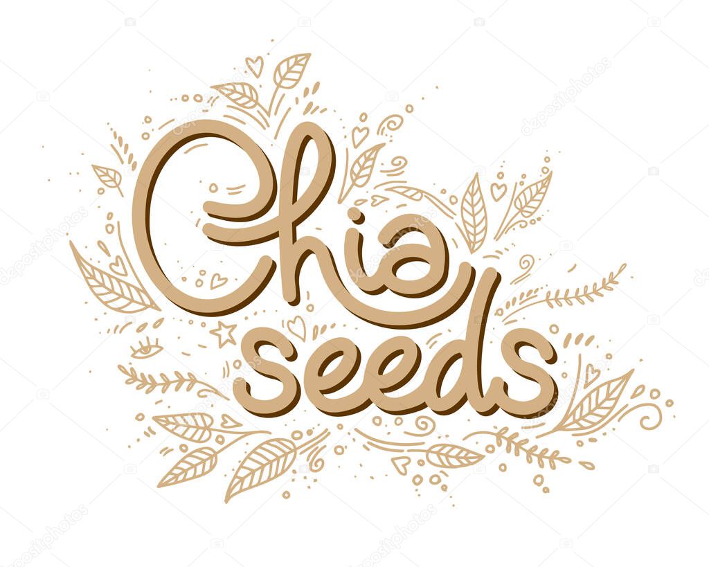 Chia seeds logo vector template with handwritten lettering with leaves and decorative elements in doodle style. Healthy food, superfood. handmade logotype for package, brand on white background.