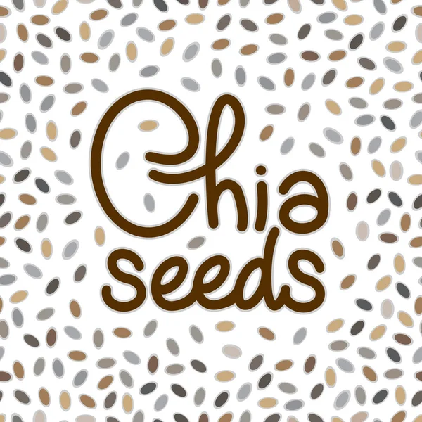 Chia-Samen-Logo-Vektor mit handgeschriebenem Schriftzug mit einer Streuung von Samen. Gesunde Ernährung, Superfood. Handgefertigter Schriftzug für Verpackung, Marke. — Stockvektor