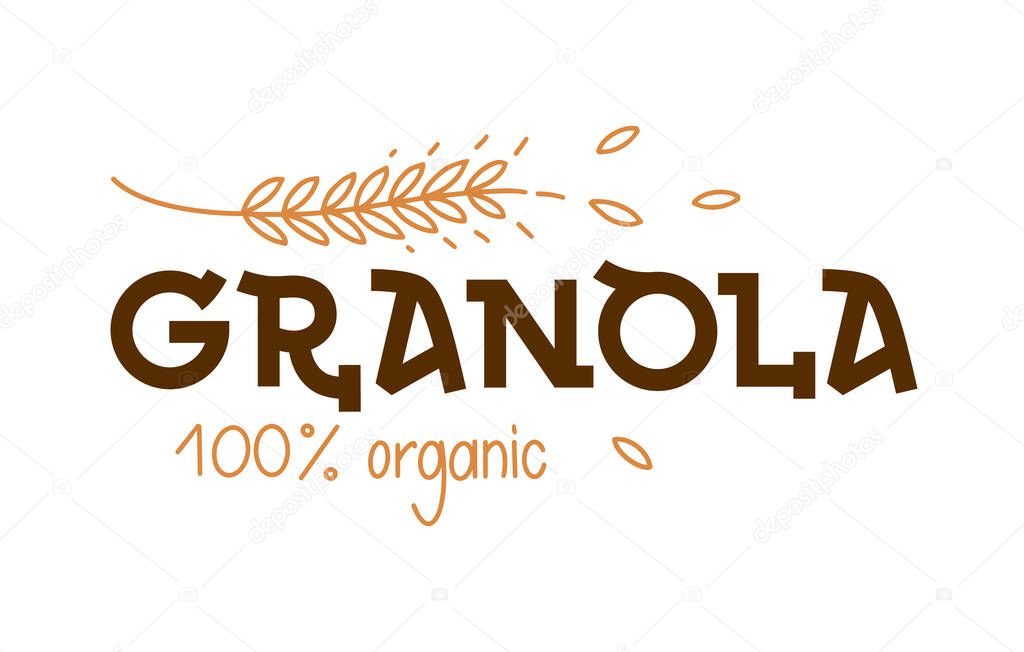 Granola logo design template. Organic muesli. Lettering composition with spikelets. Healthy food logotype for package, label. Emblem for porridge.