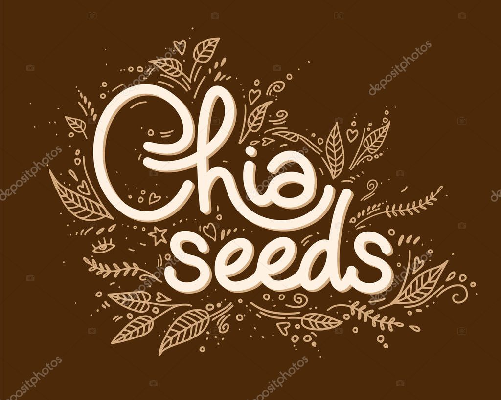 Chia seeds logo vector template with handwritten lettering with leaves and decorative elements in doodle style. Healthy food, superfood. handmade logotype for package, brand on dark background.
