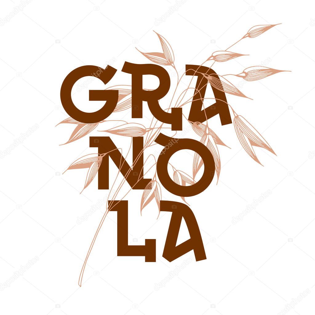 Granola logo design vector. Organic product premium quality. Lettering composition with spikelets of oats. Healthy food logotype for package, label.