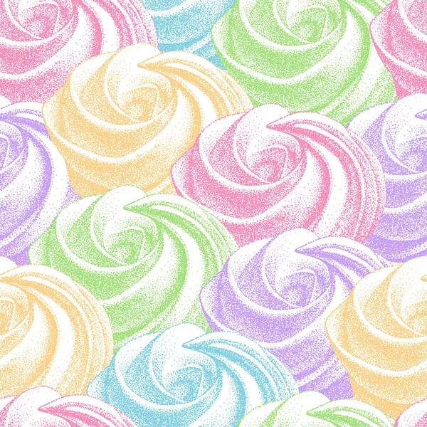Αδιάλειπτη μοτίβο με μαρέγκες χρώμα, marshmallow, zefir. Διάνυσμα σε vintage. Γλυκύτητα, γλυκό κέικ, επιδόρπιο. για καφέ, ζαχαροπλαστείο, ζαχαροπλαστείο. — Διανυσματικό Αρχείο