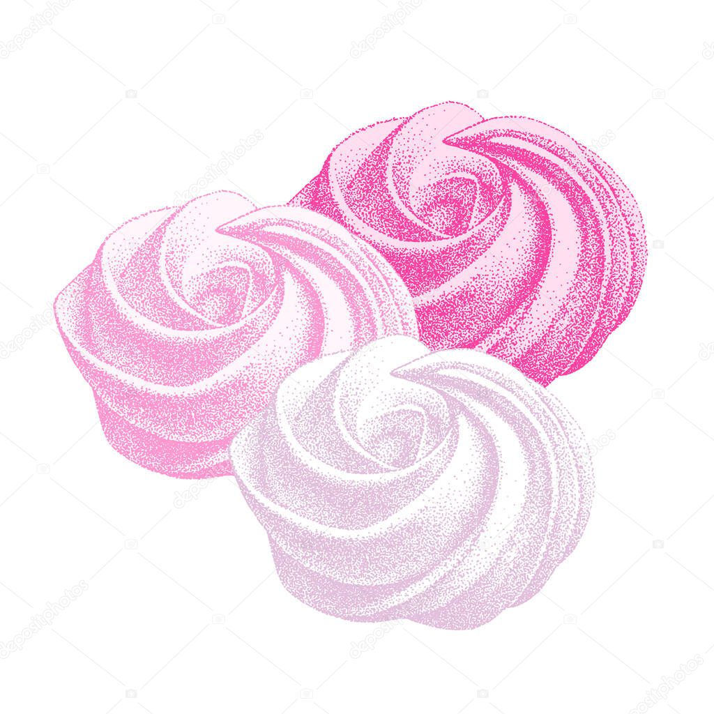 set of pink meringue, marshmallow, zefir. vector in graphic vintage, retro. sweetness, cake, dessert. for cafe, sweet shop, pastry, confectionery.
