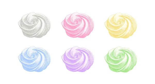 Σετ από χρώμα ευάερα γαλλικά μαρέγκες, συλλογή από marshmallow, zephyr. Διάνυσμα σε γραφικό vintage ρετρό στυλ. Γλυκύτητα, γλυκό κέικ, επιδόρπιο. — Διανυσματικό Αρχείο