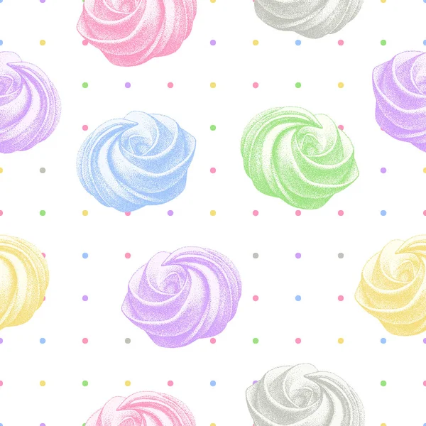 Αδιάλειπτη μοτίβο με χρώμα ευάερο γαλλικές μαρέγκες, marshmallow, zephyr. Διάνυσμα σε γραφικό vintage ρετρό στυλ. Γλυκύτητα, γλυκό κέικ, επιδόρπιο. — Διανυσματικό Αρχείο