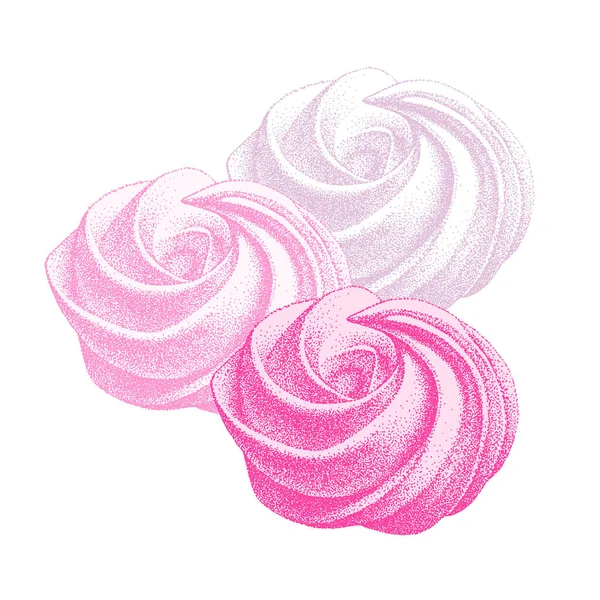 Σετ από ευάερη γαλλική ροζ μαρέγκα, ζαχαρωτά, ζεφίρ. Γλυκύτητα, γλυκό κέικ, επιδόρπιο. Χειροποίητο διάνυσμα Εικονογράφηση σε στυλ ρετρό. — Διανυσματικό Αρχείο