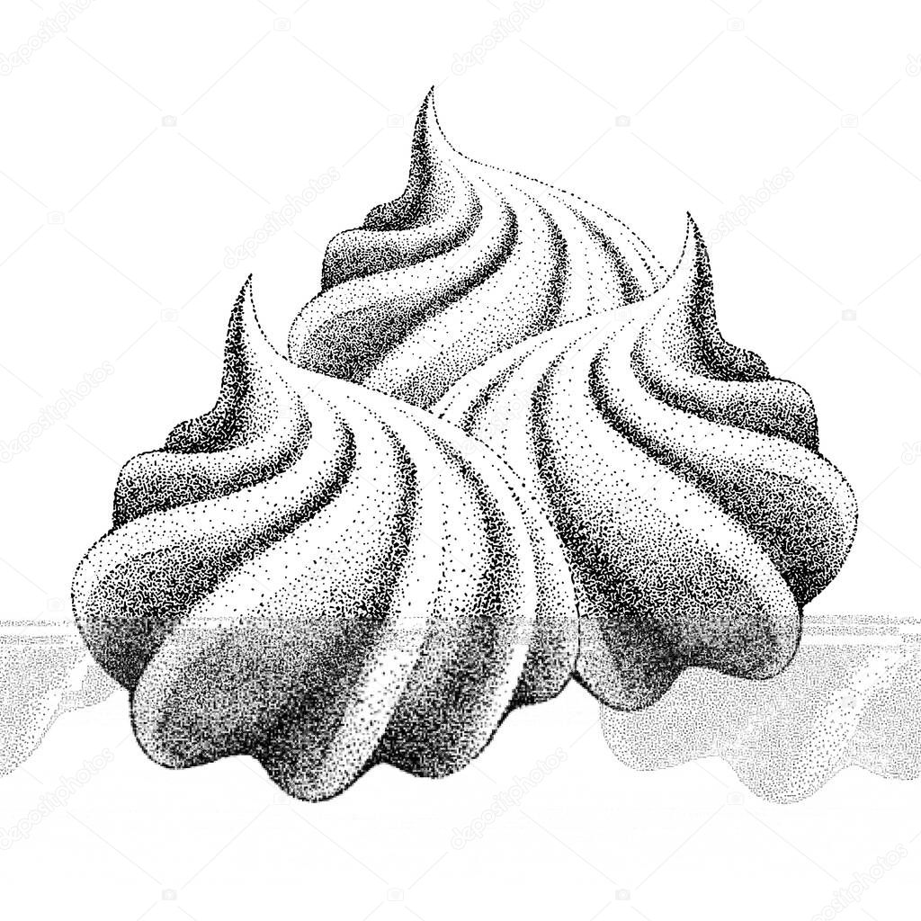 set of airy french meringue twirls, bunch of marshmallow, zephyr. vector in graphic vintage retro. sweetness, sweet cake. Sketch. Engraving style.